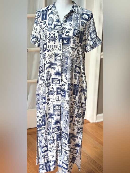 Jane and Delancey Dresses & Skirts - Jane + Delancey Coastal Postcard Shirt Dress Blue White Linen Blend Small